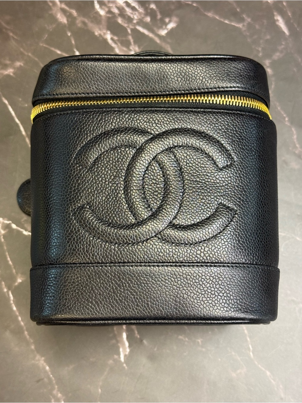 CHANEL Black Quilted Caviar Leather Travel Case with Gold Zipper Accent